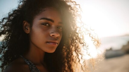 Close-up portrait of a young woman with curly hair at a sunlit beach, freckles, and a calm expression. Concept Close-up Portrait, Sunlit Beach, Freckles Detail, Curly Hair, Calm Expression