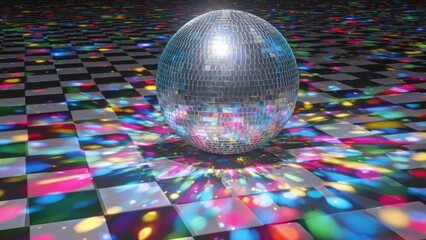 Disco ball in the center reflecting rainbow lights onto a checkered dance floor. Concept Disco Ball Centerpiece, Rainbow Reflections, Checkered Floor, Nightclub Lighting, Party Vibes
