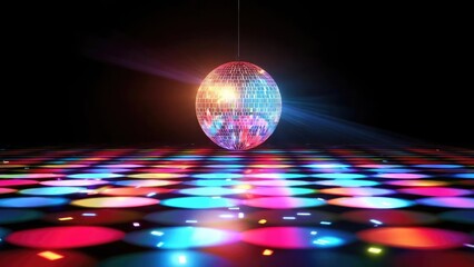 A hanging disco ball above a dance floor covered with multicolored circular discs and bright lights. Concept Disco Ball Glow, Multicolored Disc Floor, Bright Dance Lights, Nightlife Party Vibe