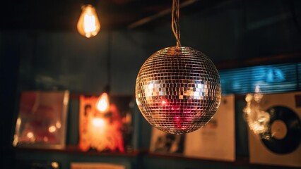 Obraz premium A mirrored disco ball hanging from the ceiling in a dim room, with vinyl records and posters in the background. Concept Disco Ball, Dim Lighting, Vinyl Records, Posters, Retro Decor