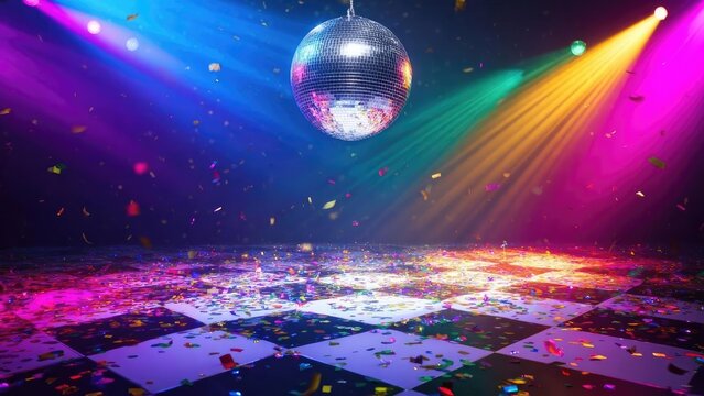 Disco scene with a mirrored disco ball, colorful lights, and confetti on a checkered dance floor. Concept Disco Night with Mirrored Ball, Colorful Lighting Effects, Confetti Celebration Details