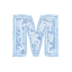 Ice block letter m with frosty texture and snowflakes inside isolated on transparent background