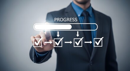 Businessman tracking progress with checkmarks and loading bar