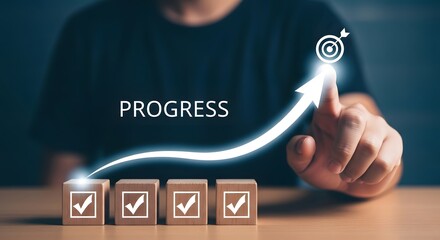 Concept of progress and success with a person touching a virtual arrow and checkmarks
