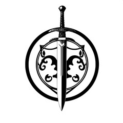 Medieval sword with intricate engravings and a worn leather hilt placed vertically inside a circular shield with a heraldic design, rendered as a black silhouette with crisp lines, set against a clean