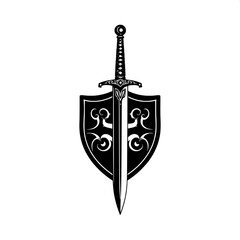 Medieval sword with intricate engravings and a worn leather hilt placed vertically inside a circular shield with a heraldic design, rendered as a black silhouette with crisp lines, set against a clean