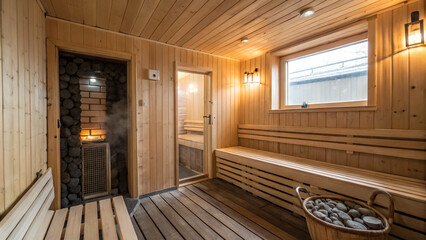 Sauna interior with wooden benches and heater in a warm setting during a winter evening