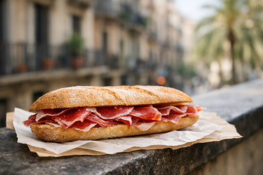 Spanish Jamon Serrano Bocadillo Sandwich On Crusty Bread Outdoors
