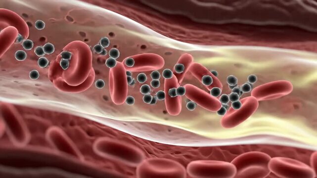 Detailed animation of red blood cells and small particles moving through a blood vessel, illustrating biological processes.