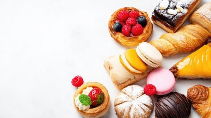 Assorted pastries and desserts: croissants, macarons, fruit tart with berries, chocolate pastry, and a glossy yellow tart. Concept Assorted pastries & desserts, Croissants & macarons