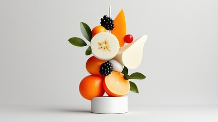 Stylized illustration of fruit skewer in bold lines and colors.