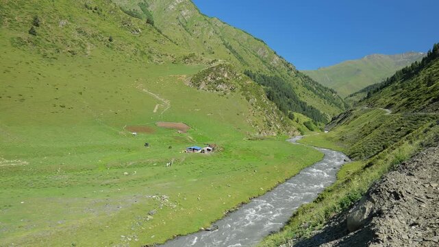 Tusheti landscape in Georgia. View of hiking route around Dartlo village landscape in Tusheti, Georgia