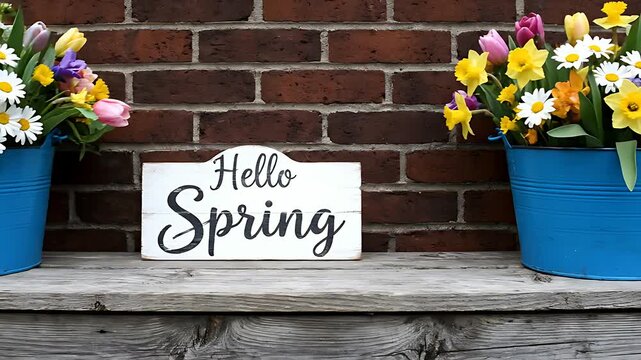 Charming rustic wooden sign proclaiming hello spring sits centrally between vibrant bouquets of colorful fresh blooming tulips and daisies displayed outdoors on weathered wood.