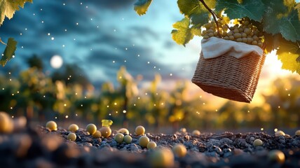 Fototapeta premium Levitating picnic blanket with food and wine in moonlit vineyard.