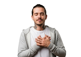 Man with eyes closed and hands together in prayer gesture, expressing gratitude or spirituality, isolated on transparent background