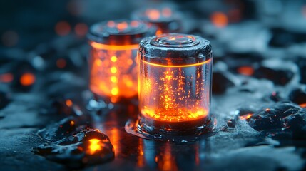Two glowing cylindrical containers emit warm orange light against a dark wet surface with scattered glowing particles and reflective puddles suggesting advanced technology or experimental process in a