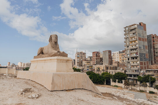 Statue of the ancient Sphinx on background of modern houses and blue cloudy sky in Alexandria, Egypt