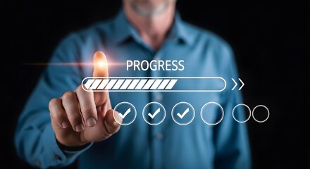 Concept of progress and development with a person interacting with a futuristic progress bar