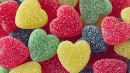 Obraz premium Colorful, sugar-coated, heart-shaped gummy candies. Concept Colorful Gummies, Sugar-coated Candies, Heart-shaped Candies, Gummy Candy Photography, Sweet Treats