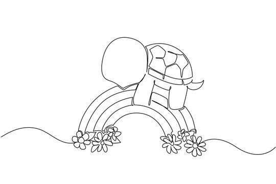 Cute turtle laying on rainbow with flowers, peaceful and dreamy. Single line drawing nature concept for animal theme, showing turtle relaxing on a rainbow floral bridge, perfect for kids decor