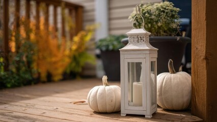 A white lantern with a candle sits between two white pumpkins on a wooden porch, autumn decor. Concept Autumn porch decor, White lantern with pumpkins, Candlelit fall ambiance