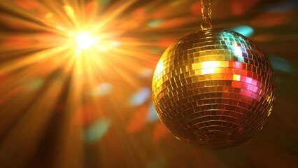 Obraz premium A gold disco ball hanging in a colorful light show, its mirrored tiles sparkling. Concept Gold disco ball under neon lights, Sparkling mirrored tiles, Vibrant colorful light show