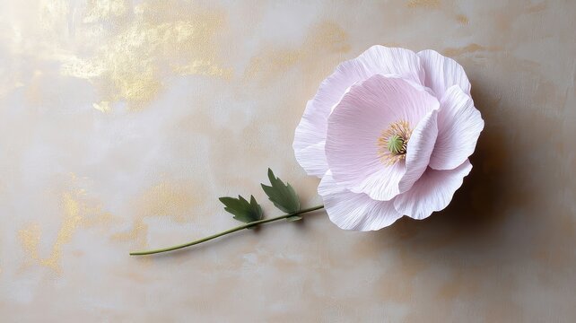 Single stylized violet poppy on shimmering gold leaf background.