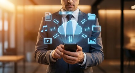 Businessman using smartphone to access cloud storage for data and files in a modern office environment effectively and efficiently managing various file types