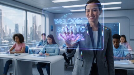 Educator interacts with virtual welcome screen in a futuristic classroom setting with diverse students working on computers in the background