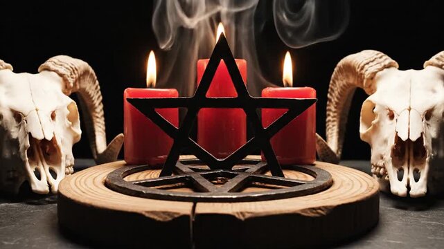 Occult ritual scene with a satanic pentagram, burning red candles, and horned skulls on a mystical altar