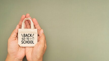 A miniature wooden shopping bag with back to school text is being held in a person's cupped hands against a muted green background symbolizing preparation for education.