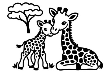 Obraz premium Mother giraffe and baby calf in the savanna with a tree, sweet black and white line art illustration for kids