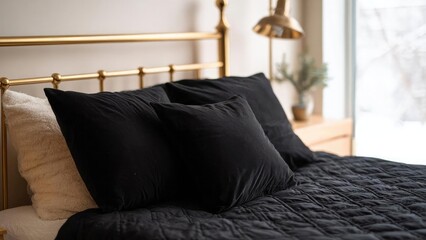 Fototapeta premium Bed with a gold metal headboard, black pillows, and a quilted black cover; a wooden nightstand and lamp nearby. Concept Luxurious bedroom decor, Gold metal headboard, Black bedding and pillows