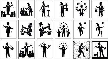 Silhouette magician performing magic tricks with top hat and wand, illusionist entertaining audience with cards, rabbits and coins in theatrical show © Md