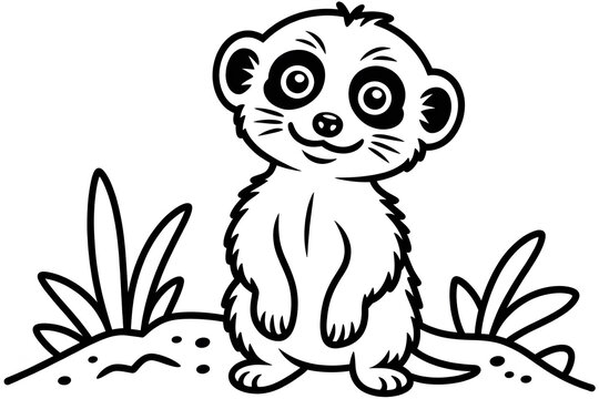 Cute cartoon meerkat standing alert with bushy tail and big eyes, surrounded by grass and dirt, black and white line art illustration.