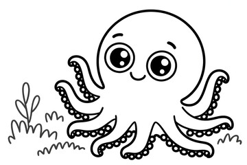 Fototapeta premium Happy cartoon octopus with big eyes and a smile, surrounded by grass and wavy lines, cute black and white ocean illustration.