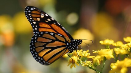 Fototapeta premium Monarch butterfly perched on yellow flowers. Concept Monarch butterfly, Yellow flowers, Nature photography, Close-up insect, Pollinator