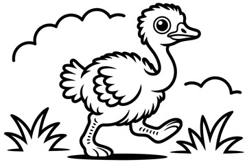 Obraz premium Happy cartoon ostrich chick walking in a field with clouds above, cute and energetic black and white line art illustration.