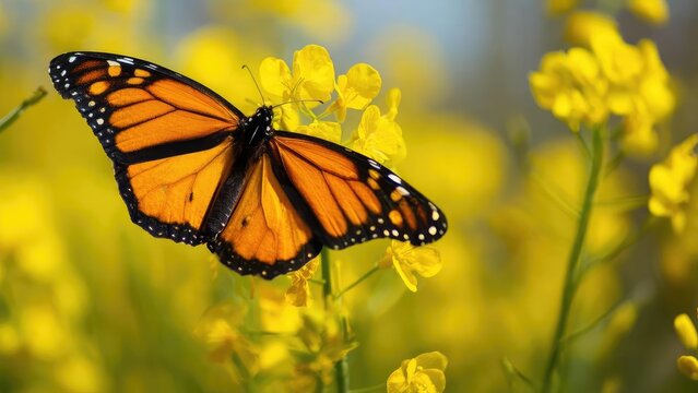 Monarch butterfly with orange and black wings resting on bright yellow flowers. Concept Monarch butterfly, Orange and black wings, Resting on bright yellow flowers, Nature photography