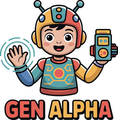 Gen Alpha vector cartoon with helmet, tech suit, gadget, signal wave, smiling gesture, and bold colorful text.
