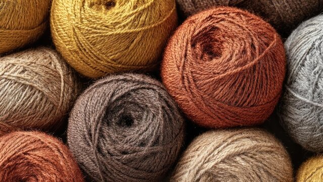 A collection of yarn balls in warm autumn colors (beige, brown, orange, gray). Concept Yarn, Autumn colors, Cozy crafts, Textured spheres, Color palette