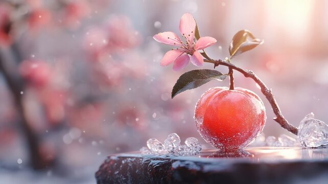Crystal podium highlighting a nectarine with a gemstone-like glow.