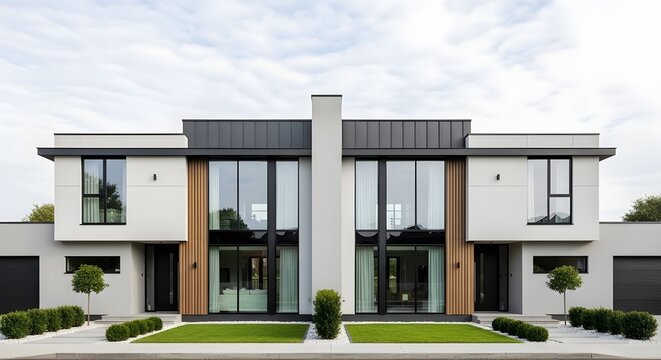 Modern duplex house exterior with symmetrical design, clean lines, large windows, and minimalist architecture
