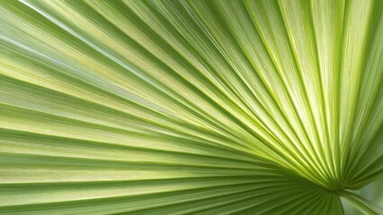 Close-up of a bright green palm leaf with radiating, fan-like leaflets. Concept Close-up palm leaf, Bright green foliage, Radiating leaflets, Fan-like palm frond, Macro nature texture