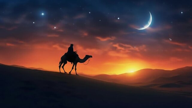 Islamic greeting theme with silhouette of person on camel against sunset sky and crescent moon in Arabian desert, part 2