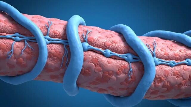 Detailed animation showing blue neural structures developing and wrapping around a pink biological tissue.