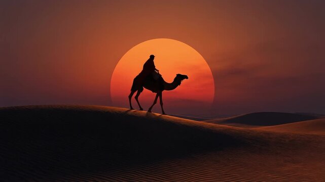 Islamic greeting theme with silhouette of person on camel against giant sun at sunset in the desert
