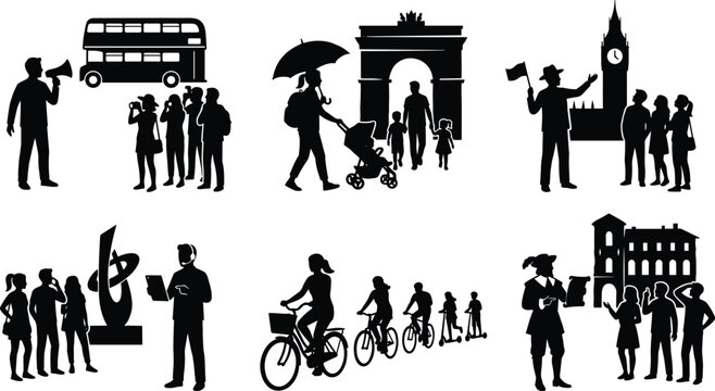 Silhouette tourists sightseeing with tour guide in historic city landmarks, urban travel exploration scenes including cycling, monuments, architecture and guided family tours