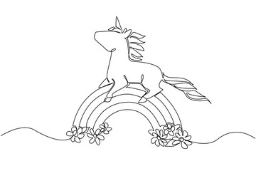 Single line drawing of majestic mythical unicorn standing gracefully atop a rainbow arch surrounded by blooming flowers. Nature concept for cute fantasy animal,  perfect for girls bedroom decor © Simple Line