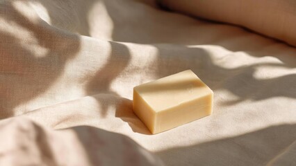 A pale bar of soap resting on cream fabric bathed in warm sunlight. Concept Soft sunlight highlighting a pale soap on cream fabric, Minimalist product photography with warm, natural tones